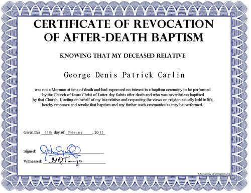 Certificate of Revocation of After-Death Baptism - George Carlin