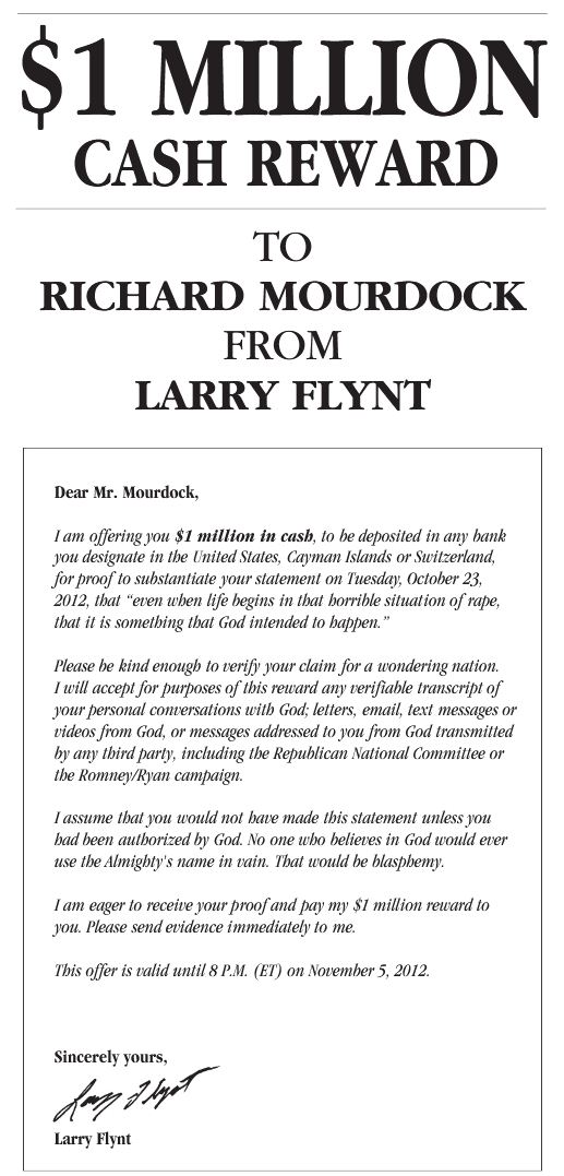 $1 MILLION CASH REWARD TO RICHARD MOURDOCK FROM LARRY FLYNT